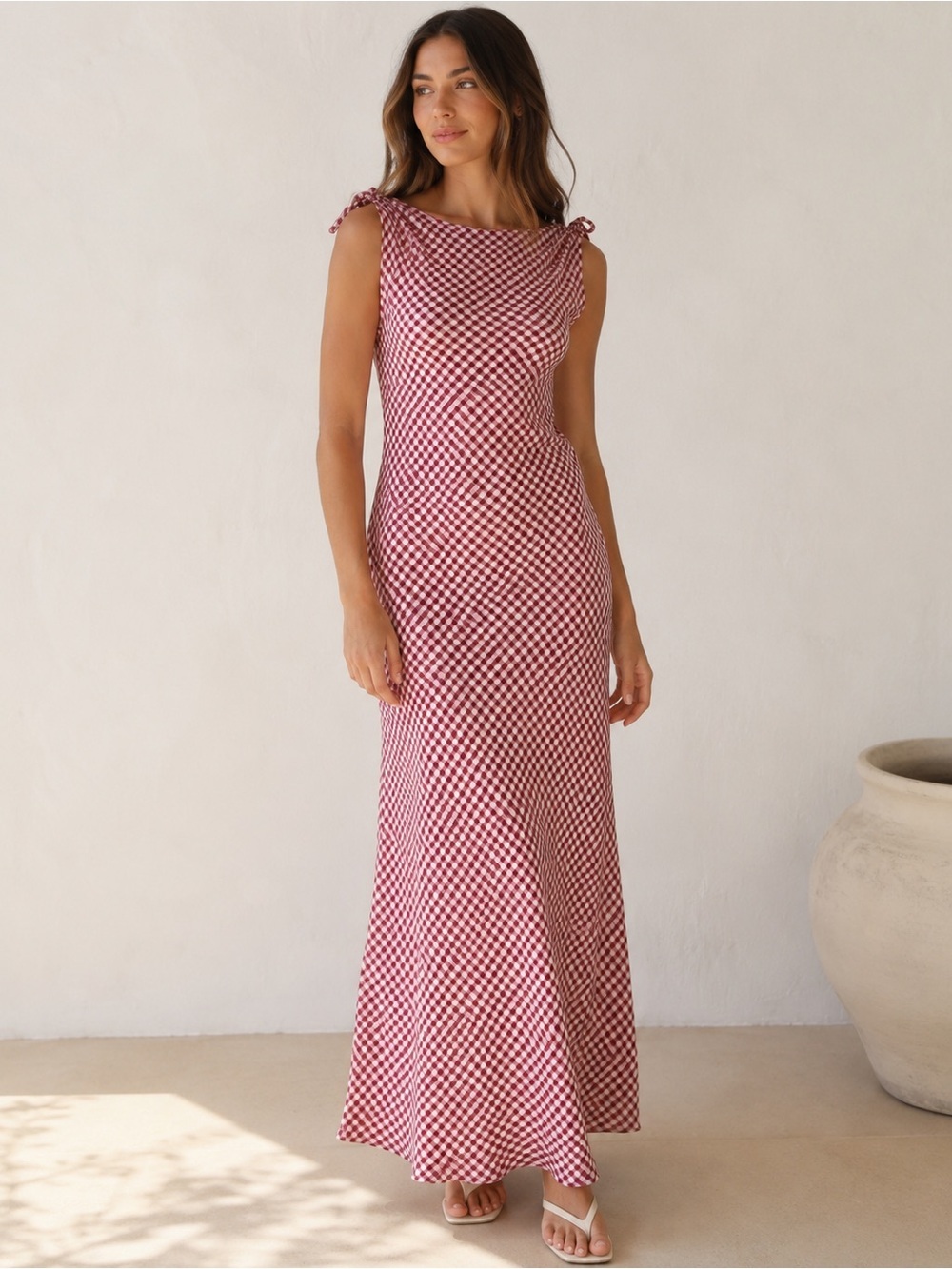 Caroline Constas Red Gingham Tie Shoulder Maxi Dress NWT Size Small
